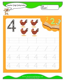 4 Rakamı Çizgi Çalışmaları Çalışma Sayfaları
